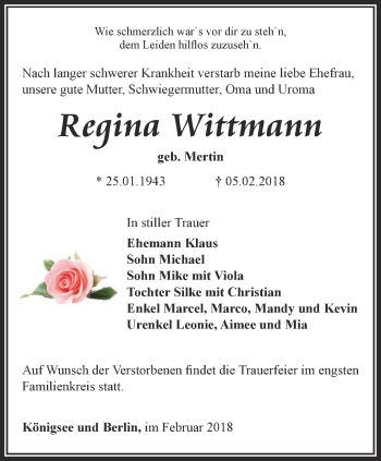 Traueranzeige von Regina Wittmann von Ostthüringer Zeitung