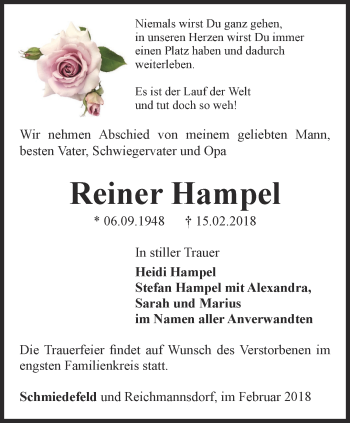 Traueranzeige von Reiner Hampel von Ostthüringer Zeitung