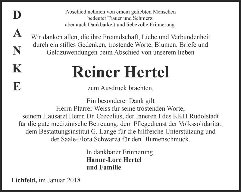  Traueranzeige für Reiner Hertel vom 03.02.2018 aus Ostthüringer Zeitung