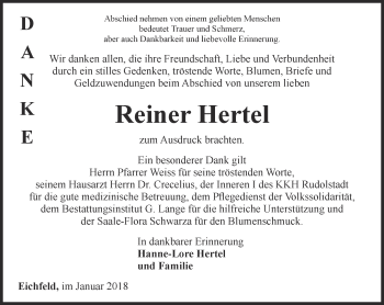 Traueranzeige von Reiner Hertel von Ostthüringer Zeitung