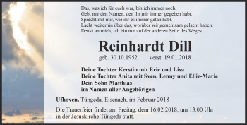 Traueranzeige von Reinhard Dill von Ostthüringer Zeitung, Thüringische Landeszeitung