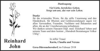 Traueranzeige von Reinhard John von Ostthüringer Zeitung