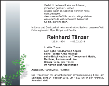 Traueranzeige von Reinhard Tänzer von Thüringer Allgemeine, Thüringische Landeszeitung