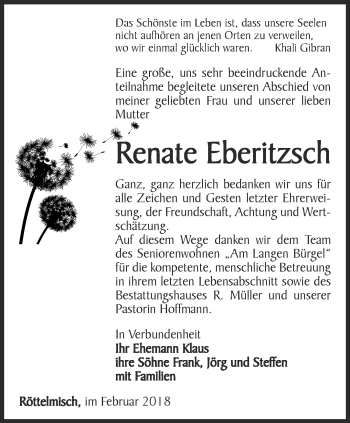 Traueranzeige von Renate Eberitzsch von Ostthüringer Zeitung, Thüringische Landeszeitung