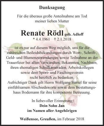 Traueranzeige von Renate Rödl von Thüringer Allgemeine