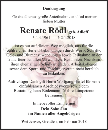 Traueranzeige von Renate Rödl von Thüringer Allgemeine