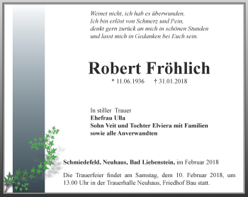 Traueranzeige von Robert Fröhlich von Ostthüringer Zeitung