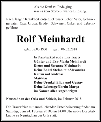 Traueranzeige von Rolf Meinhardt von Ostthüringer Zeitung