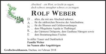 Traueranzeige von Rolf Weber von Ostthüringer Zeitung, Thüringische Landeszeitung