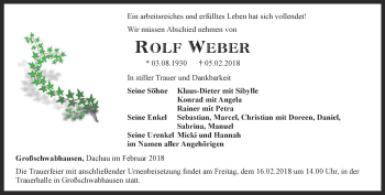 Traueranzeige von Rolf Weber von Ostthüringer Zeitung, Thüringische Landeszeitung
