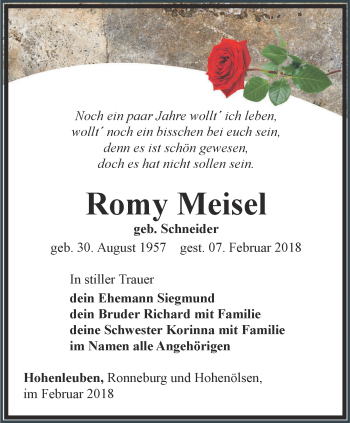 Traueranzeige von Romy Meisel von Ostthüringer Zeitung