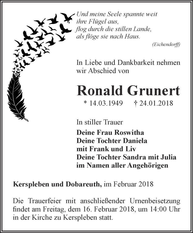  Traueranzeige für Ronald Grunert vom 10.02.2018 aus Thüringer Allgemeine, Thüringische Landeszeitung