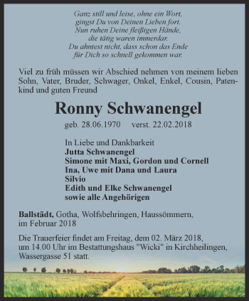 Traueranzeige von Ronny Schwanengel von Ostthüringer Zeitung, Thüringische Landeszeitung