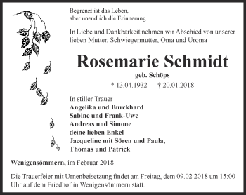 Traueranzeige von Rosemarie Schmidt von Thüringer Allgemeine