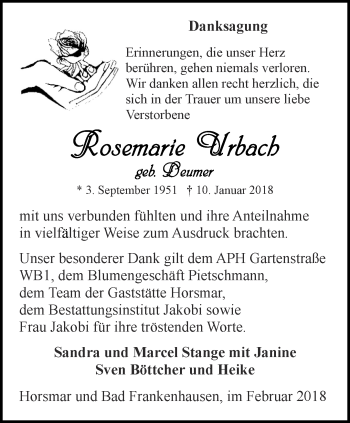 Traueranzeige von Rosemarie Urbach von Thüringer Allgemeine, Thüringische Landeszeitung