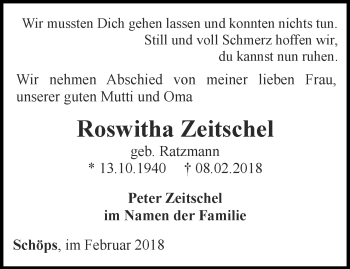 Traueranzeige von Roswitha Zeitschel von Ostthüringer Zeitung, Thüringische Landeszeitung