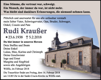 Traueranzeige von Rudi Krausser von Ostthüringer Zeitung, Thüringische Landeszeitung