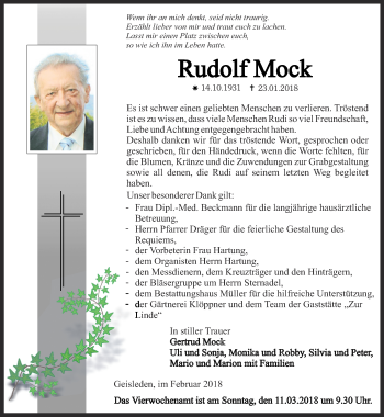 Traueranzeige von Rudolf Mock von Thüringer Allgemeine