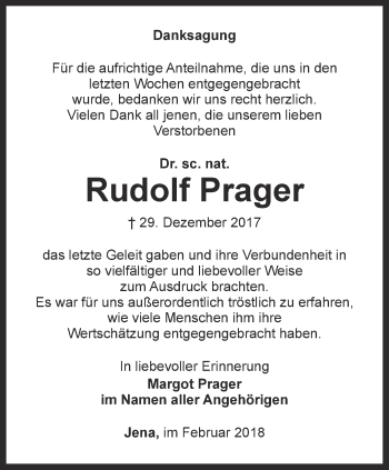 Traueranzeige von Rudolf Prager von Ostthüringer Zeitung, Thüringische Landeszeitung