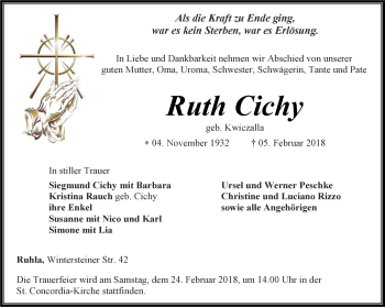 Traueranzeige von Ruth Cichy von Thüringer Allgemeine, Thüringische Landeszeitung