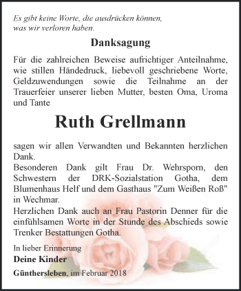 Traueranzeige von Ruth Grellmann von Ostthüringer Zeitung, Thüringische Landeszeitung