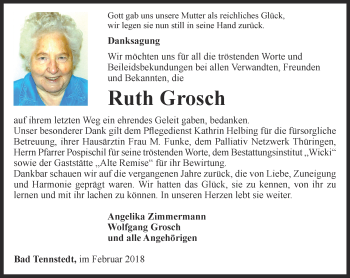 Traueranzeige von Ruth Grosch von Thüringer Allgemeine, Thüringische Landeszeitung