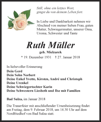 Traueranzeige von Ruth Müller von Thüringer Allgemeine, Thüringische Landeszeitung