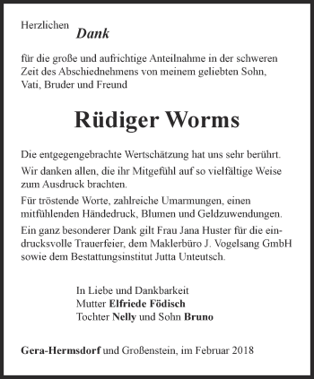 Traueranzeige von Rüdiger Worms von Ostthüringer Zeitung