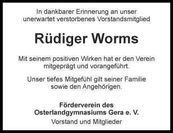 Traueranzeige von Rüdiger Worms von Ostthüringer Zeitung