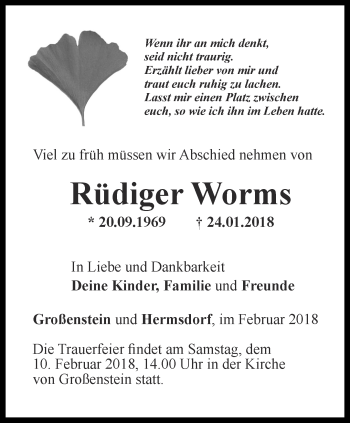 Traueranzeige von Rüdiger Worms von Ostthüringer Zeitung