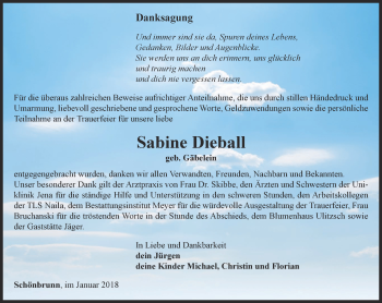 Traueranzeige von Sabine Dieball von Ostthüringer Zeitung