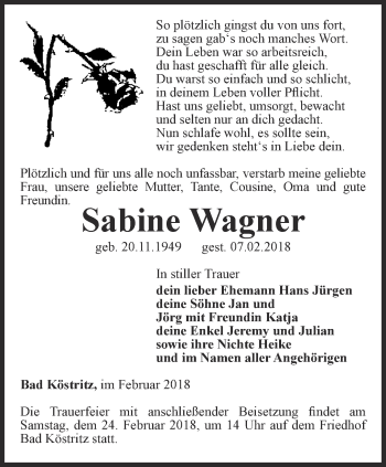 Traueranzeige von Sabine Wagner von Ostthüringer Zeitung