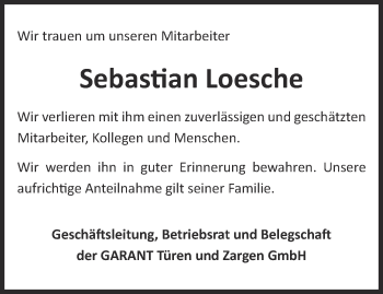 Traueranzeige von Sebastian Loesche von Thüringer Allgemeine