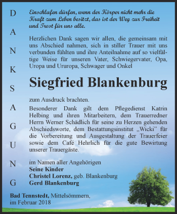 Traueranzeige von Siegfried Blankenburg von Thüringer Allgemeine, Thüringische Landeszeitung