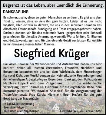 Traueranzeige von Siegfried Krüger von Ostthüringer Zeitung, Thüringische Landeszeitung