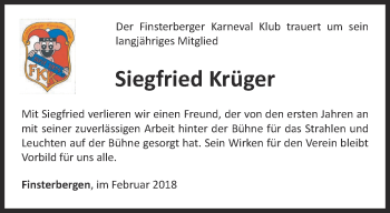 Traueranzeige von Siegfried Krüger von Ostthüringer Zeitung, Thüringische Landeszeitung