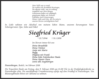 Traueranzeige von Siegfried Krüger von Ostthüringer Zeitung, Thüringische Landeszeitung