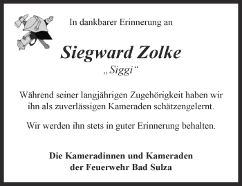 Traueranzeige von Siegward Zolke von Thüringer Allgemeine, Thüringische Landeszeitung