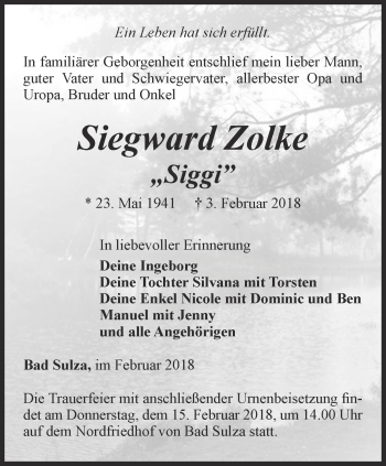 Traueranzeige von Siegward Zolke von Thüringer Allgemeine, Thüringische Landeszeitung