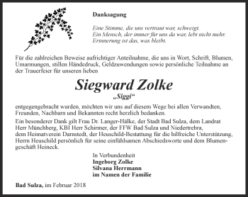 Traueranzeige von Siegward Zolke von Thüringer Allgemeine, Thüringische Landeszeitung