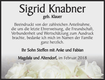 Traueranzeige von Sigrid Knabner von Ostthüringer Zeitung, Thüringische Landeszeitung