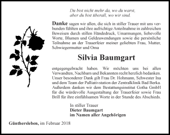 Traueranzeige von Silvia Baumgart von Ostthüringer Zeitung, Thüringische Landeszeitung