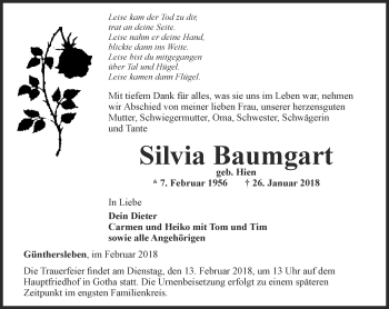 Traueranzeige von Silvia Baumgart von Ostthüringer Zeitung, Thüringische Landeszeitung