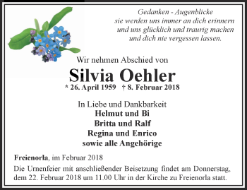 Traueranzeige von Silvia Oehler von Ostthüringer Zeitung, Thüringische Landeszeitung