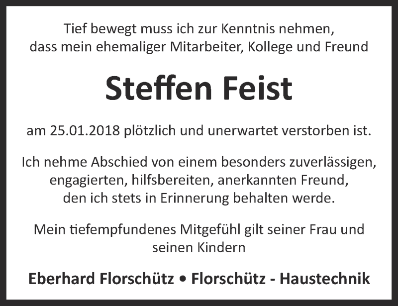  Traueranzeige für Steffen Feist vom 02.02.2018 aus Ostthüringer Zeitung, Thüringische Landeszeitung