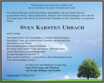 Traueranzeige von Sven Karsten Urbach von Ostthüringer Zeitung