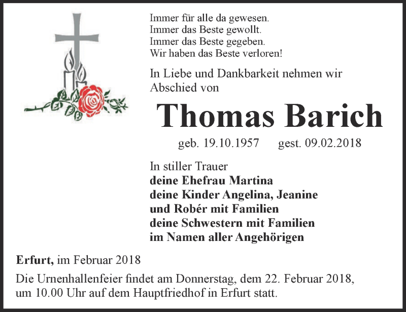  Traueranzeige für Thomas Barich vom 17.02.2018 aus Thüringer Allgemeine, Thüringische Landeszeitung