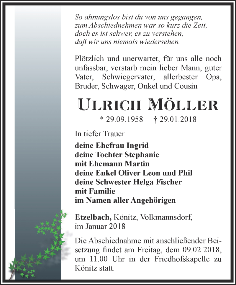  Traueranzeige für Ulrich Möller vom 03.02.2018 aus Ostthüringer Zeitung
