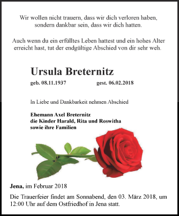 Traueranzeige von Ursula Breternitz von Ostthüringer Zeitung, Thüringische Landeszeitung