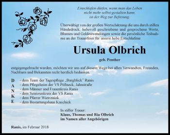 Traueranzeige von Ursula Olbricht von Ostthüringer Zeitung